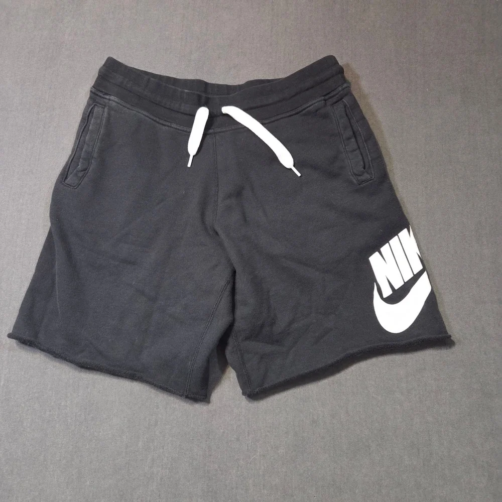 Nike Sweat Shorts Mens XL Black Graphic Logo Raw Hem Cotton French Terry
